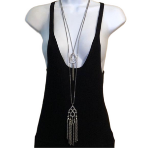 BUNDLE lot 2 silver tone long tassel necklaces statement extra long